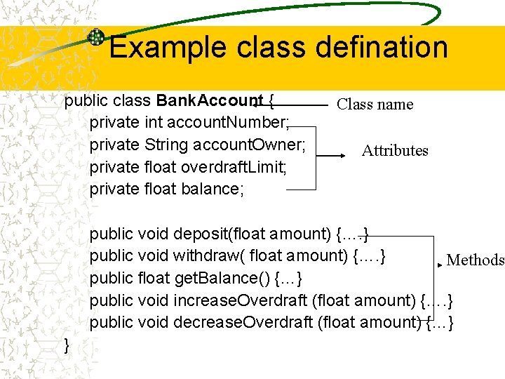 Example class defination public class Bank. Account { private int account. Number; private String Example class defination public class Bank. Account { private int account. Number; private String