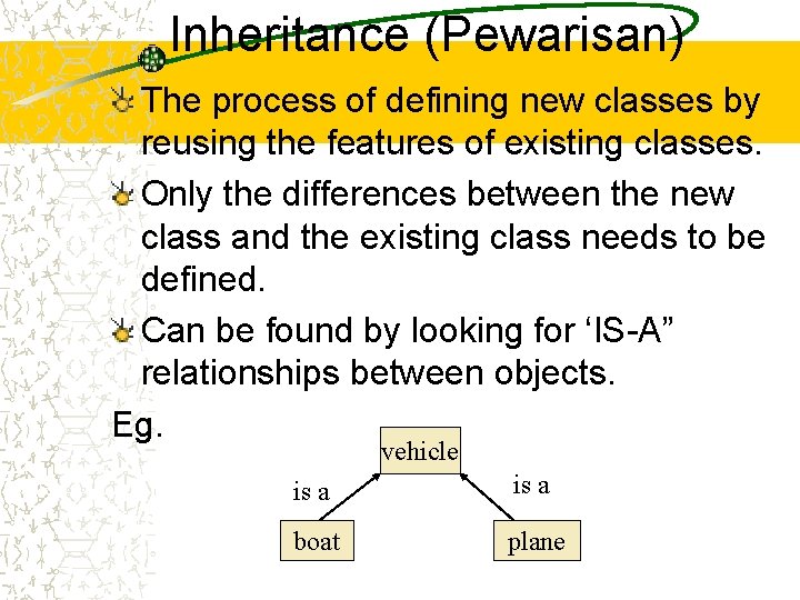 Inheritance (Pewarisan) The process of defining new classes by reusing the features of existing Inheritance (Pewarisan) The process of defining new classes by reusing the features of existing