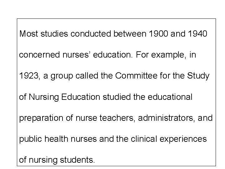 Most studies conducted between 1900 and 1940 concerned nurses’ education. For example, in 1923,