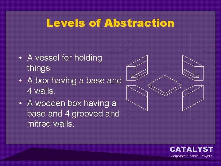 Levels of Abstraction • A vessel for holding things. • A box having a