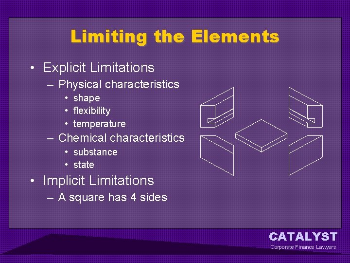 Limiting the Elements • Explicit Limitations – Physical characteristics • shape • flexibility •