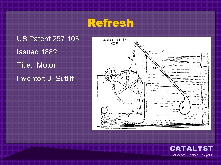 Refresh US Patent 257, 103 Issued 1882 Title: Motor Inventor: J. Sutliff, CATALYST Corporate