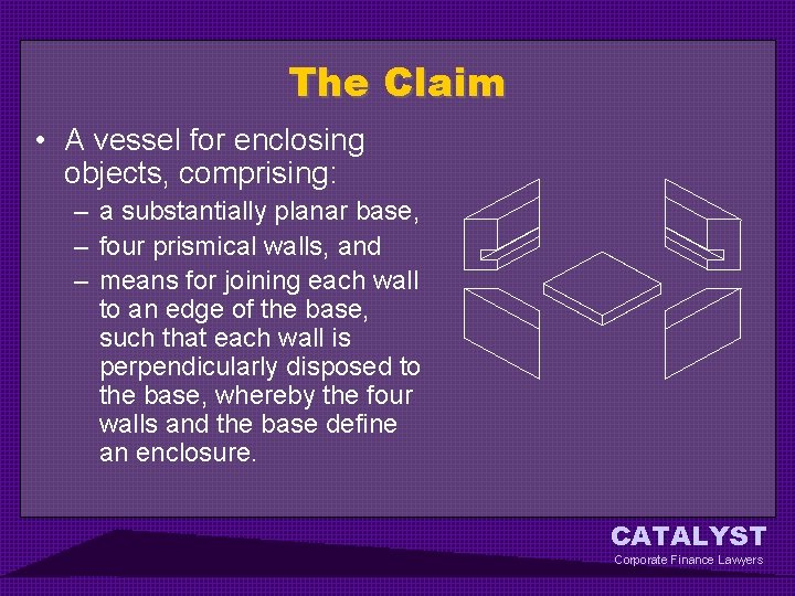 The Claim • A vessel for enclosing objects, comprising: – a substantially planar base,