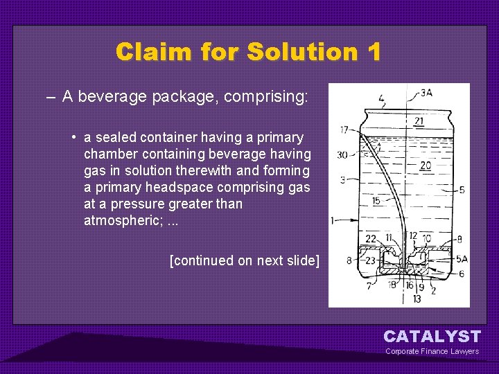 Claim for Solution 1 – A beverage package, comprising: • a sealed container having