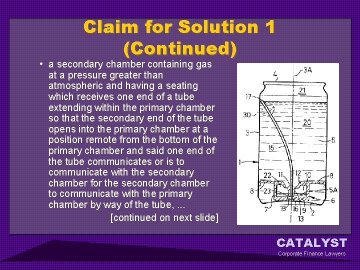 Claim for Solution 1 (Continued) • a secondary chamber containing gas at a pressure