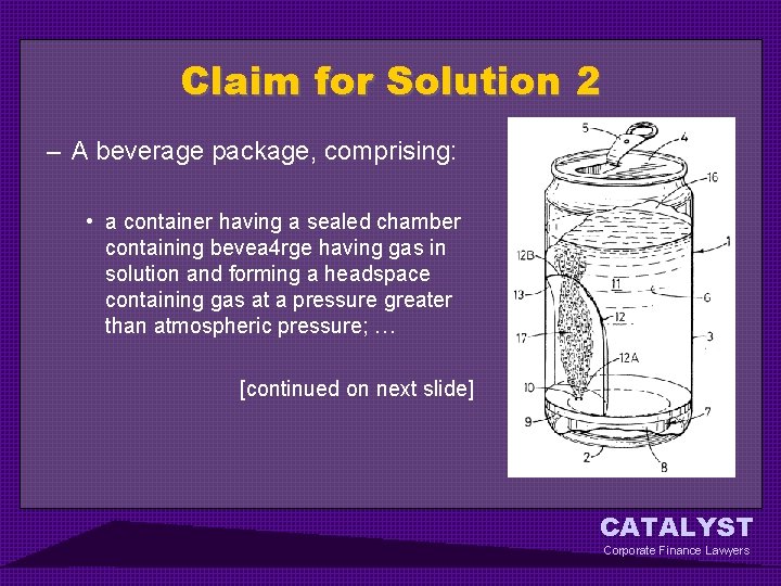 Claim for Solution 2 – A beverage package, comprising: • a container having a