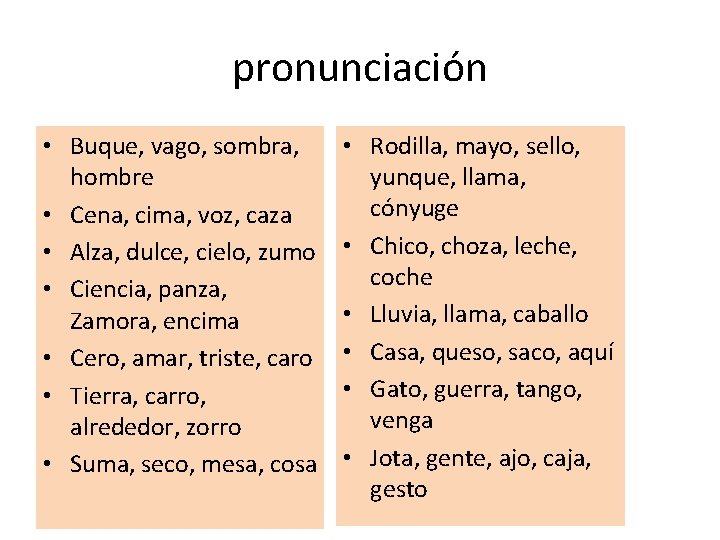 pronunciación • Buque, vago, sombra, hombre • Cena, cima, voz, caza • Alza, dulce,