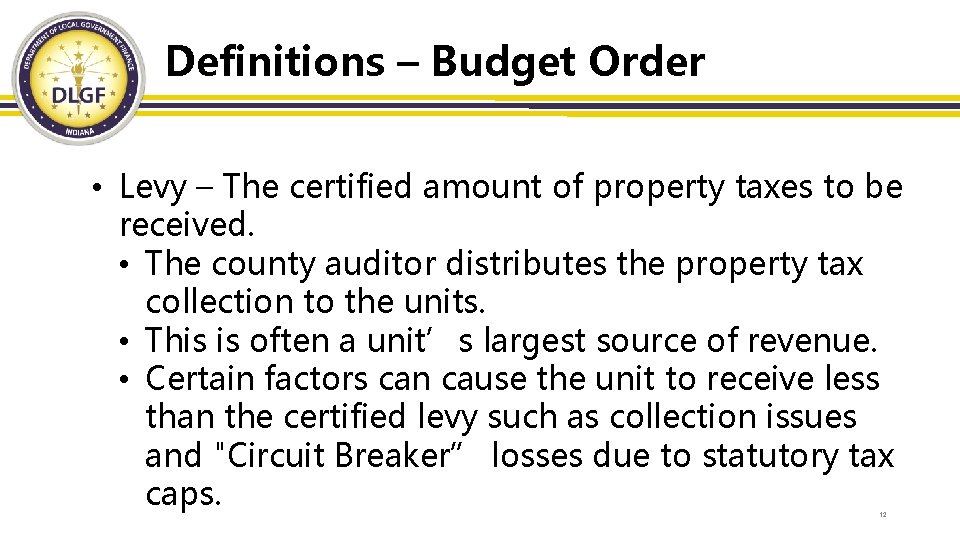 Definitions – Budget Order • Levy – The certified amount of property taxes to