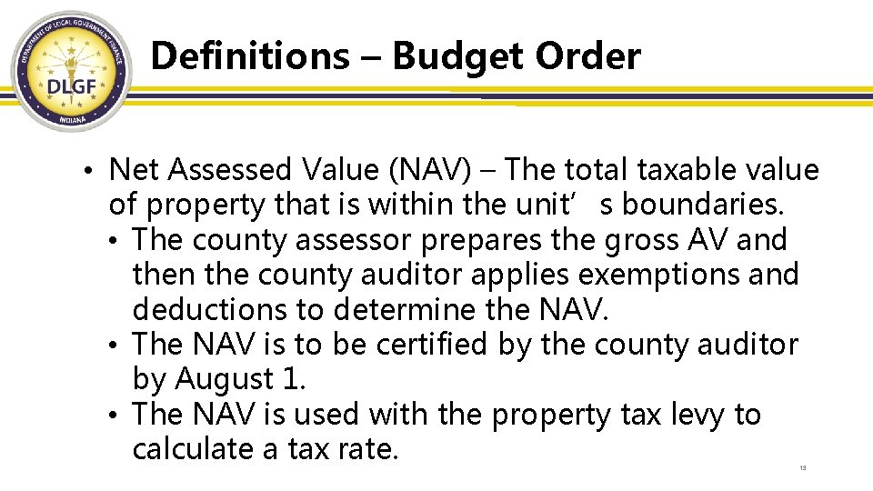 Definitions – Budget Order • Net Assessed Value (NAV) – The total taxable value