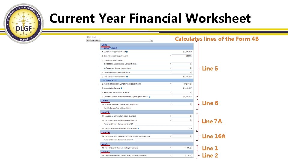 Current Year Financial Worksheet Calculates lines of the Form 4 B Line 5 Line
