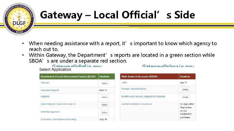 Gateway – Local Official’s Side • When needing assistance with a report, it’s important