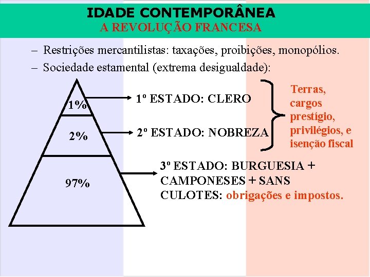 IDADE CONTEMPOR NEA A REVOLUÇÃO FRANCESA – Restrições mercantilistas: taxações, proibições, monopólios. – Sociedade