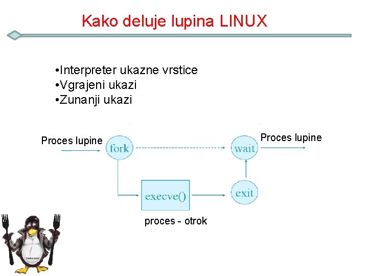 Kako deluje lupina LINUX • Interpreter ukazne vrstice • Vgrajeni ukazi • Zunanji ukazi