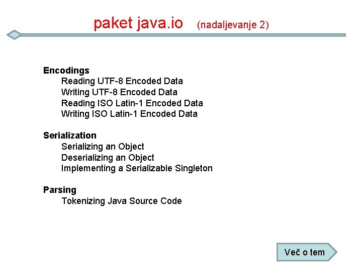 paket java. io (nadaljevanje 2) Encodings Reading UTF-8 Encoded Data Writing UTF-8 Encoded Data