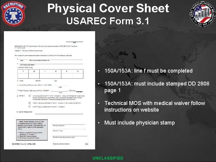 Physical Cover Sheet USAREC Form 3. 1 • 150 A/153 A: line f must