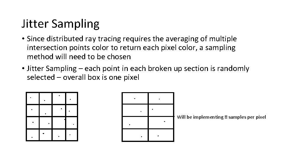 Jitter Sampling • Since distributed ray tracing requires the averaging of multiple intersection points