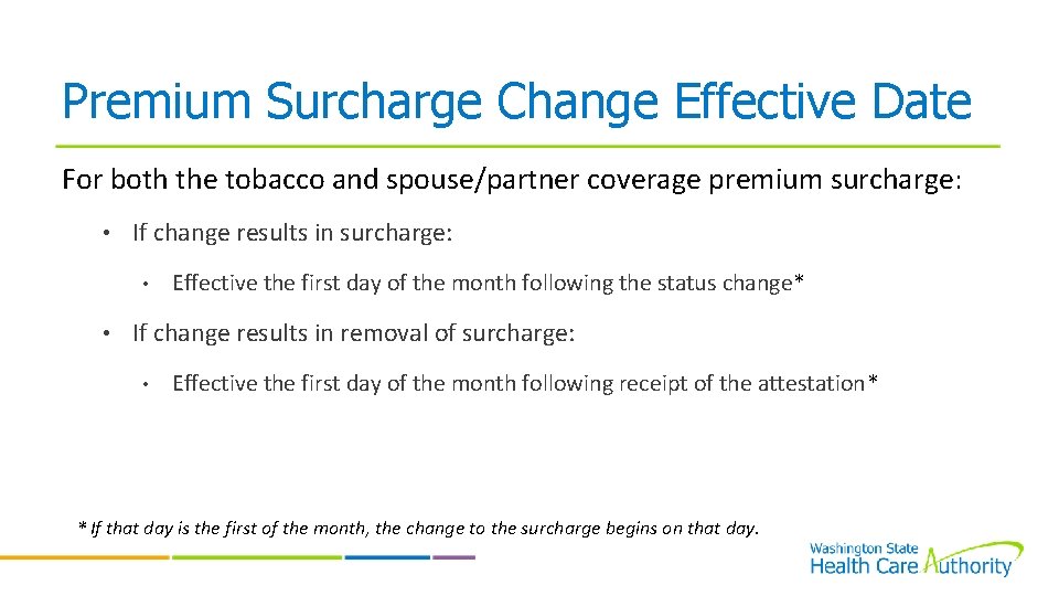 Premium Surcharge Change Effective Date For both the tobacco and spouse/partner coverage premium surcharge: