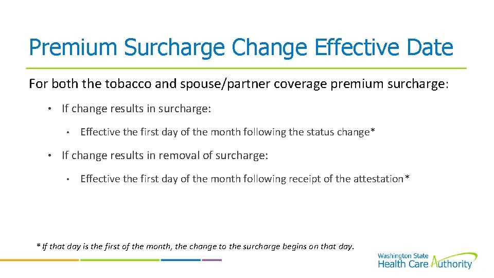 Premium Surcharge Change Effective Date For both the tobacco and spouse/partner coverage premium surcharge: