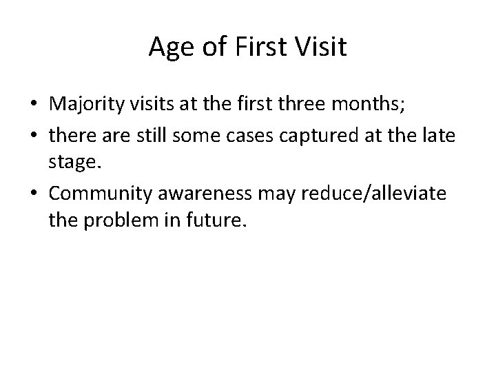 Age of First Visit • Majority visits at the first three months; • there