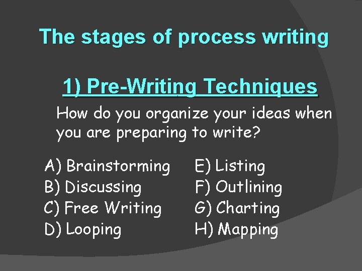 The stages of process writing 1) Pre-Writing Techniques How do you organize your ideas