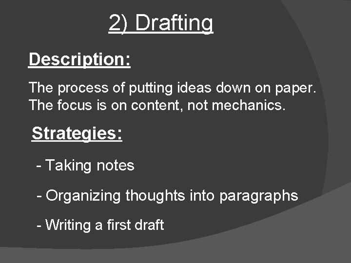 2) Drafting Description: The process of putting ideas down on paper. The focus is