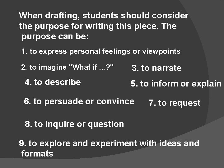 When drafting, students should consider the purpose for writing this piece. The purpose can