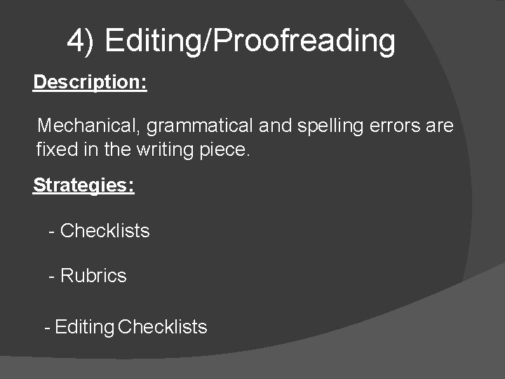 4) Editing/Proofreading Description: Mechanical, grammatical and spelling errors are fixed in the writing piece.
