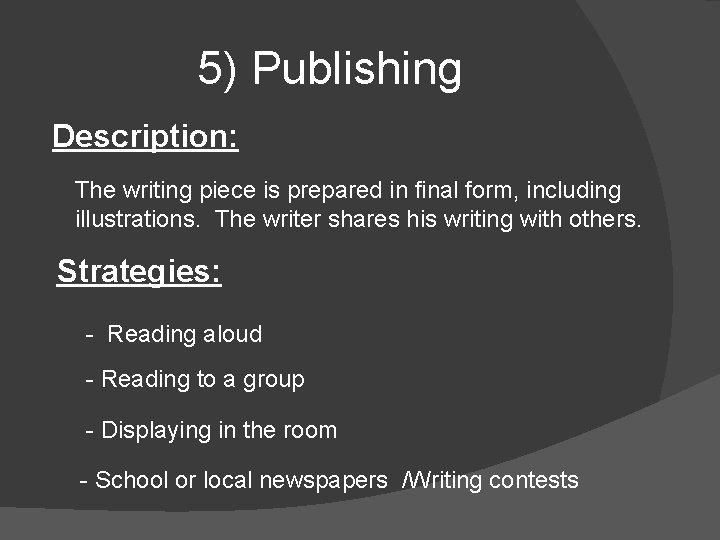 5) Publishing Description: The writing piece is prepared in final form, including illustrations. The