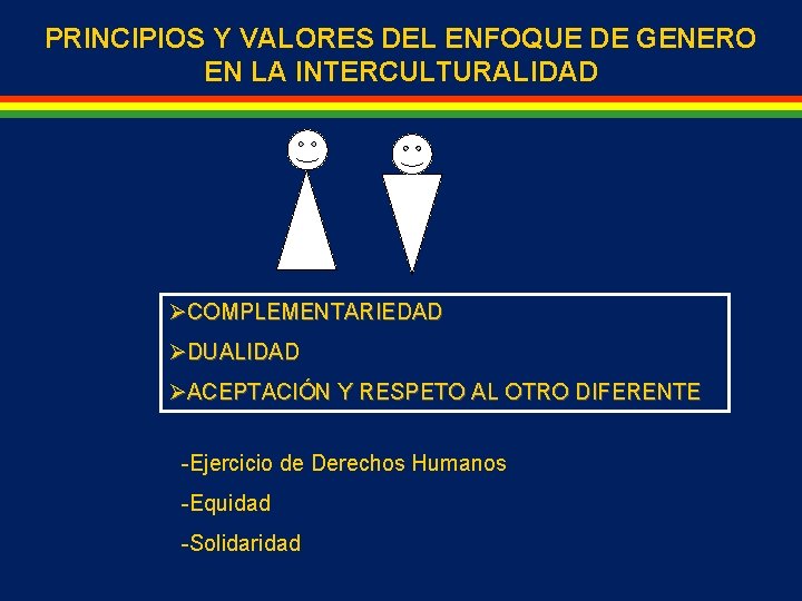 PRINCIPIOS Y VALORES DEL ENFOQUE DE GENERO EN LA INTERCULTURALIDAD ØCOMPLEMENTARIEDAD ØDUALIDAD ØACEPTACIÓN Y