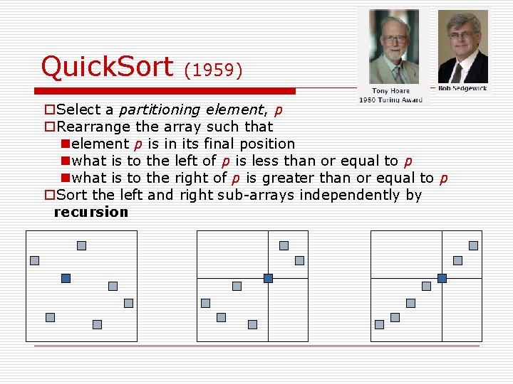 Quick. Sort (1959) o. Select a partitioning element, p o. Rearrange the array such