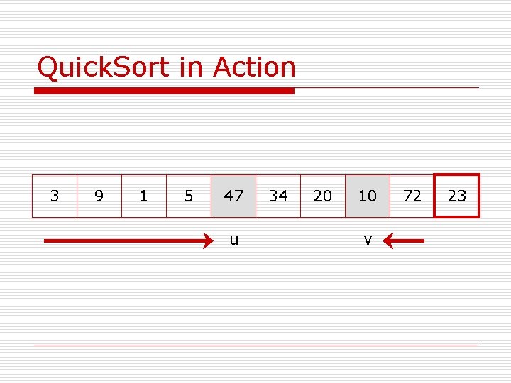 Quick. Sort in Action 3 9 1 5 47 u 34 20 10 v