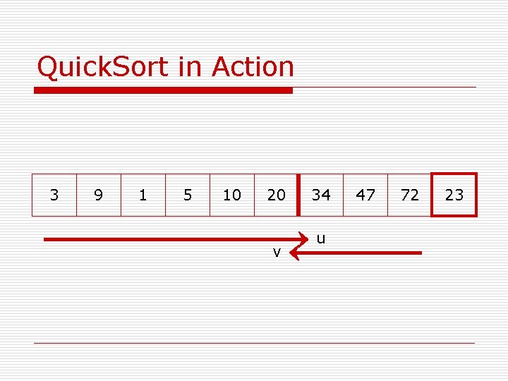 Quick. Sort in Action 3 9 1 5 10 20 v 34 u 47