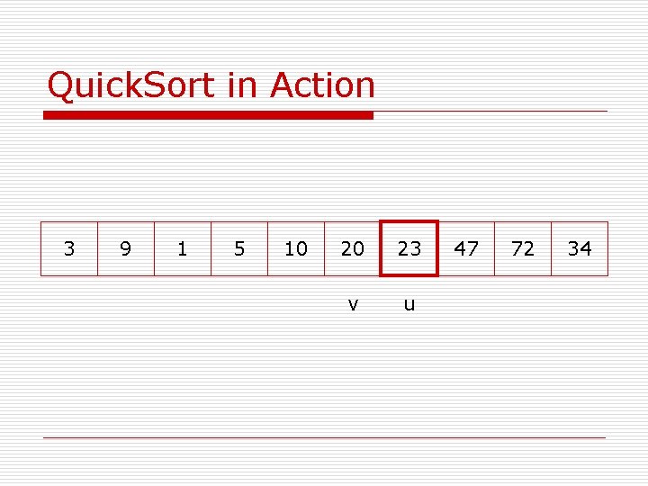 Quick. Sort in Action 3 9 1 5 10 20 23 v u 47