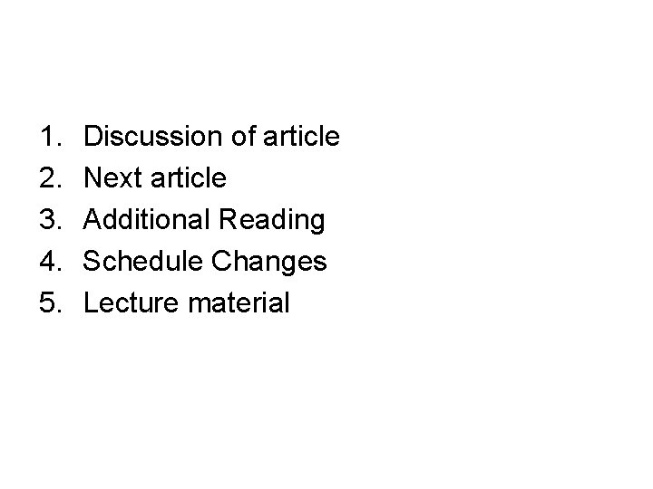 1. 2. 3. 4. 5. Discussion of article Next article Additional Reading Schedule Changes