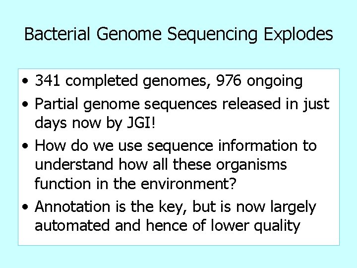 Bacterial Genome Sequencing Explodes • 341 completed genomes, 976 ongoing • Partial genome sequences