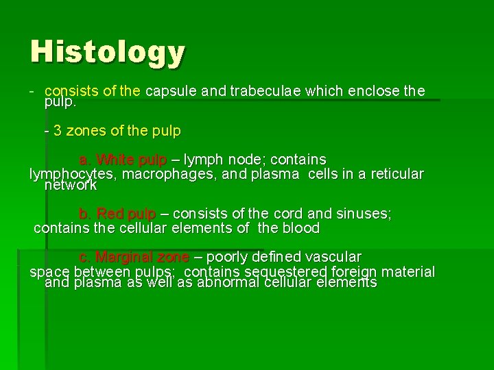 Histology - consists of the capsule and trabeculae which enclose the pulp. - 3