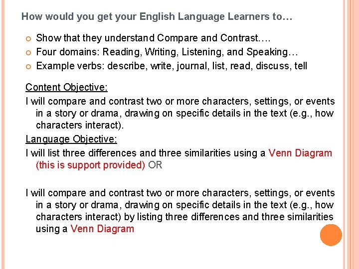 How would you get your English Language Learners to… Show that they understand Compare
