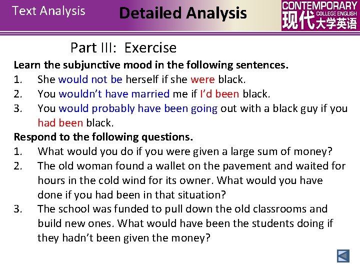 Text Analysis Detailed Analysis Part III: Exercise Learn the subjunctive mood in the following