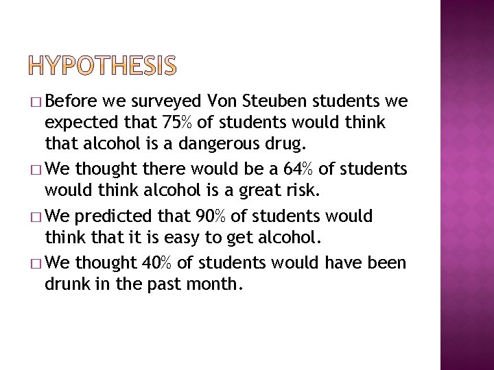� Before we surveyed Von Steuben students we expected that 75% of students would