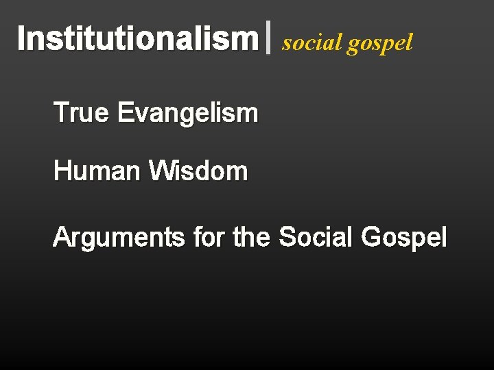 Institutionalism social gospel True Evangelism Human Wisdom Arguments for the Social Gospel 