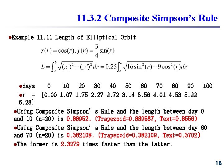 11. 3. 2 Composite Simpson’s Rule l. Example ldays lr 11. 11 Length of