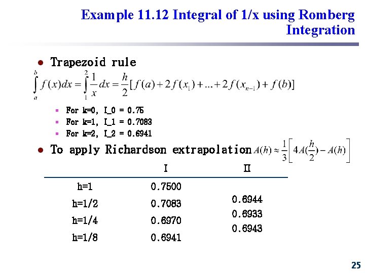 Example 11. 12 Integral of 1/x using Romberg Integration l Trapezoid rule § For Example 11. 12 Integral of 1/x using Romberg Integration l Trapezoid rule § For
