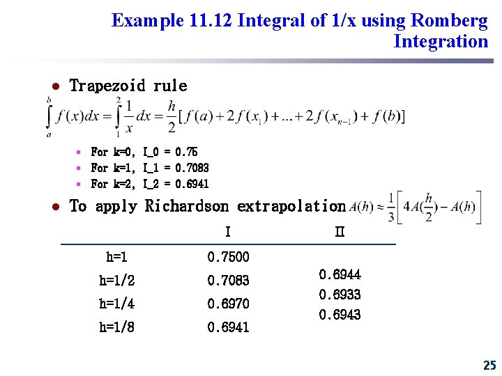 Example 11. 12 Integral of 1/x using Romberg Integration l Trapezoid rule § For