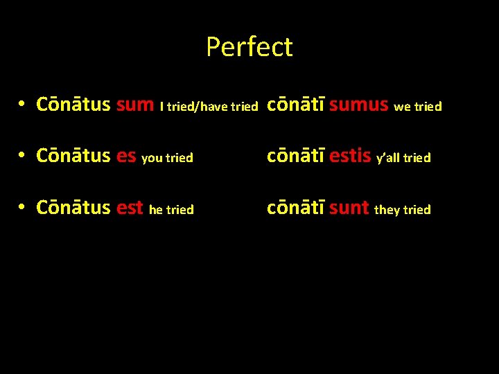 Perfect • Cōnātus sum I tried/have tried cōnātī sumus we tried • Cōnātus es