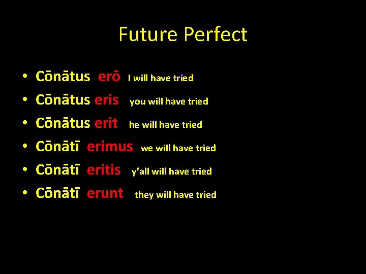 Future Perfect • • • Cōnātus erō I will have tried Cōnātus eris you