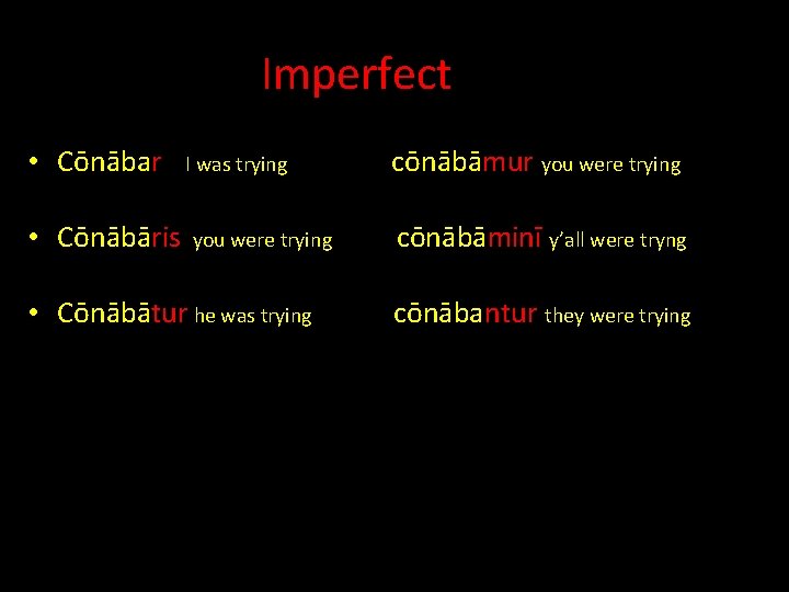 Imperfect • Cōnābar • Cōnābāris I was trying you were trying • Cōnābātur he