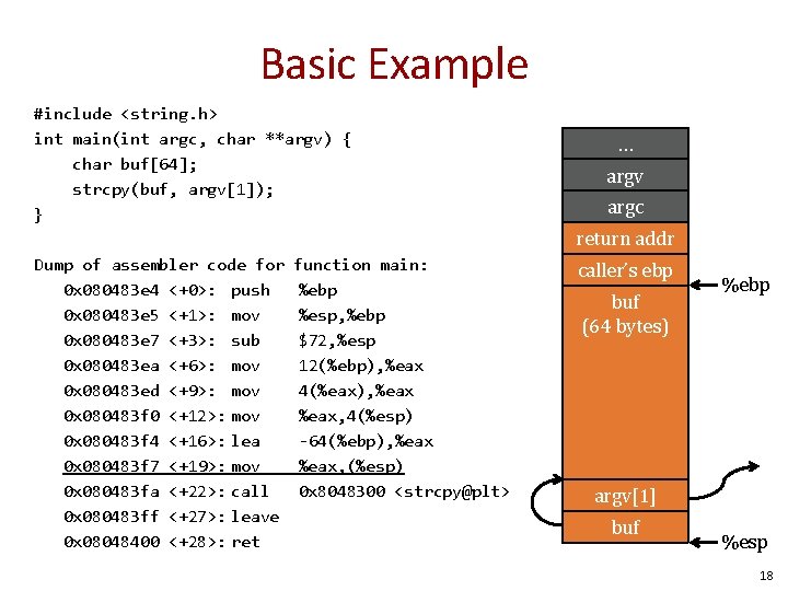 Basic Example #include <string. h> int main(int argc, char **argv) { char buf[64]; strcpy(buf,