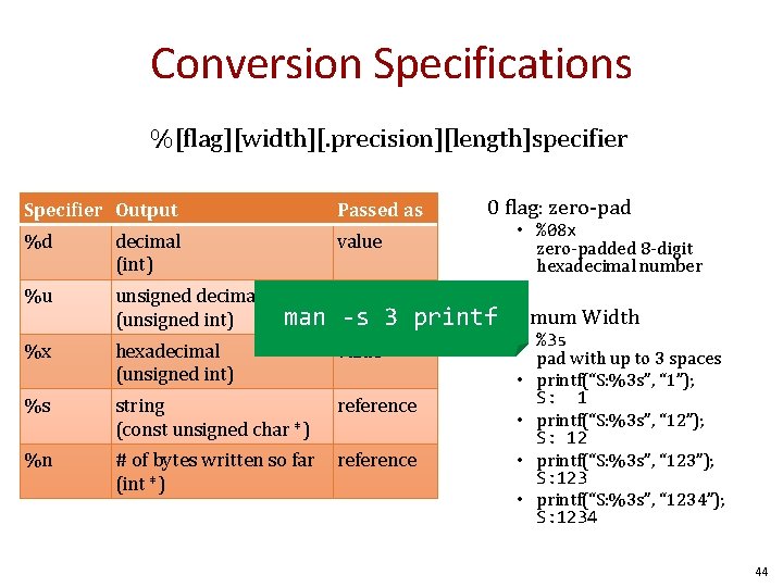 Conversion Specifications %[flag][width][. precision][length]specifier Specifier Output Passed as %d decimal (int) value %u unsigned