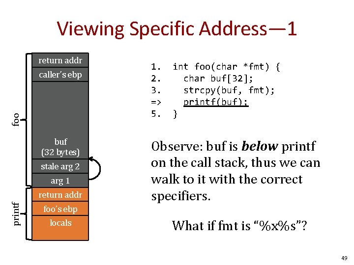 Viewing Specific Address— 1 return addr foo caller’s ebp buf (32 bytes) stale arg Viewing Specific Address— 1 return addr foo caller’s ebp buf (32 bytes) stale arg