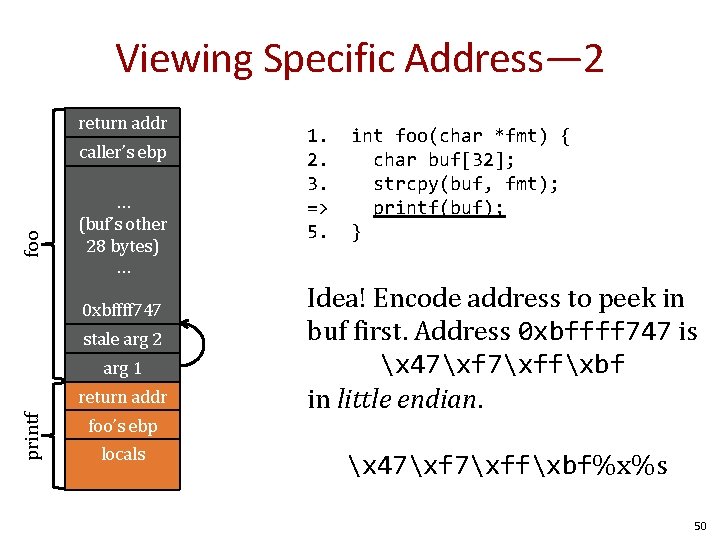 Viewing Specific Address— 2 return addr foo caller’s ebp … (buf’s other 28 bytes) Viewing Specific Address— 2 return addr foo caller’s ebp … (buf’s other 28 bytes)
